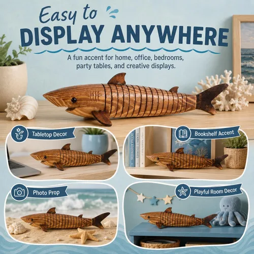 Miniatura 7 de Garneck Modelo de tiburón de madera de 12.9 pulgadas: escultura de animal para pintar y jugar, figura de pez flexible articulada para artes