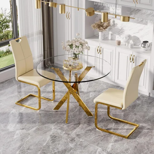 Miniatura 3 de Juego de mesa de comedor redonda moderna de vidrio de 36 pulgadas para 2, mesa de comedor de vidrio con patas cruzadas de metal, mesa de cocina