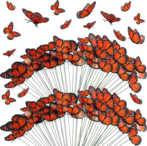 Tcevily 144 decoraciones de mariposa monarca – 72 estacas, 36 pinzas para el pelo de mariposa, 36 calcomanías de pared para suministros de fiesta de