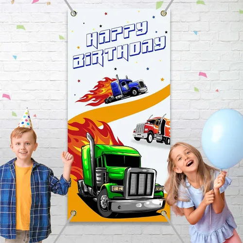 Miniatura 3 de Cartel de feliz cumpleaños de camiones resistentes, telón de fondo para cabina de fotos de camión grande, decoración de puerta delantera, decoración