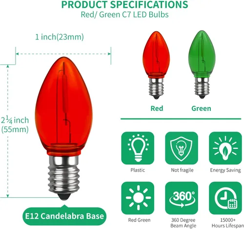 Miniatura 2 de Meconard Bombilla LED C7 de repuesto para Navidad, bombillas LED inastillables C7 para luces de Navidad para interiores y exteriores, base de Rojo