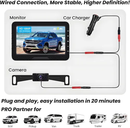 Miniatura 4 de Cámara de respaldo HD 1080P con cable de fácil configuración Plug-Play vista trasera soporte de placa de matrícula cámara detección de movimiento