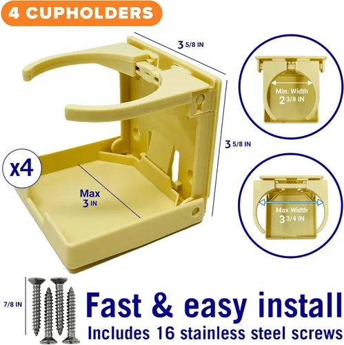 Miniatura 3 de Portavasos para barco, juego de 4 portavasos plegables, montaje en pared para barco, vehículo recreativo y autocaravana, grado marino, color beige