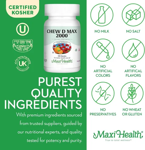 Miniatura 6 de Maxi Health Suplemento masticable de vitamina D3 de 2000 UI – Delicioso sabor natural de goma de mascar – Apoya la absorción de calcio, la salud
