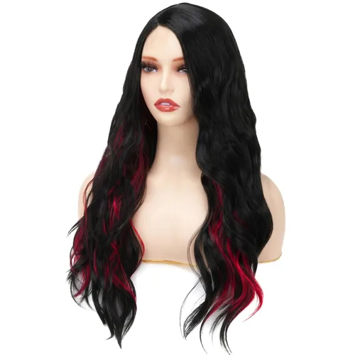 Miniatura 2 de Peluca larga ondulada negra y roja para mujer, color rojo y negro, degradado, sintética, resistente al calor, para disfraz de cosplay
