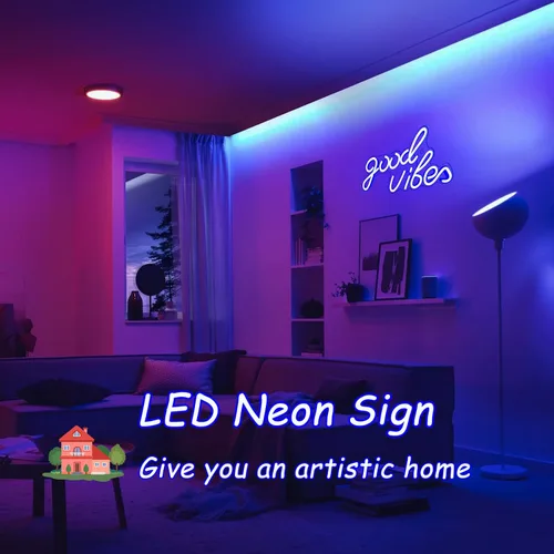 Miniatura 8 de Good Vibes - Letrero de neón LED para decoración de pared, luces de neón azules para dormitorio y fiesta, luz de neón brillante alimentada por USB