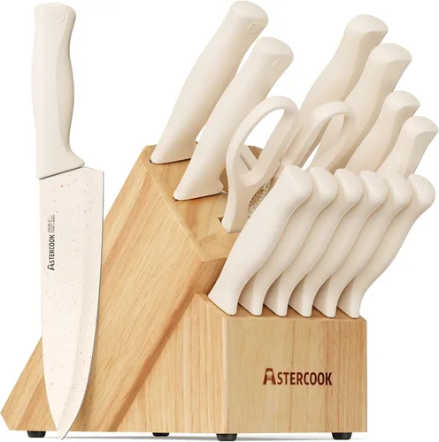 Astercook Juego de cuchillos de cocina de 15 piezas con bloque de afilador, cuchillos alemanes de acero inoxidable con revestimiento antioxidante,