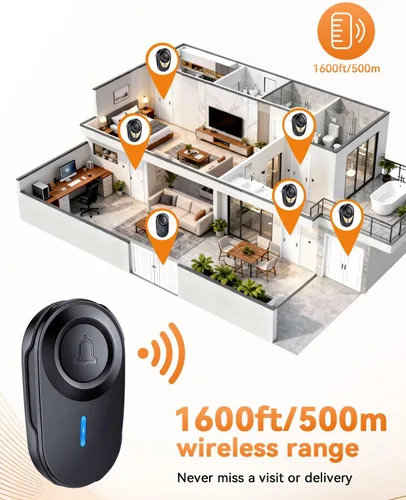 Miniatura 4 de Timbre inalámbrico, 1300 pies de largo alcance, 48 campanadas y 5 niveles de volumen, botón impermeable IP66, receptor enchufable con bocina
