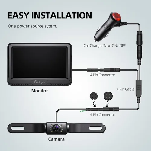 Miniatura 3 de eRapta Cámara de respaldo A43, kit de monitor de visión trasera HD 1080P de 4.3 pulgadas con impermeabilidad IP69, visión nocturna, líneas