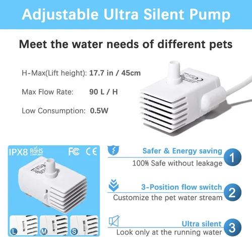 Miniatura 3 de HAPUP Bomba de fuente de agua para gatos, silenciosa, DC5V, original, bomba de repuesto para fuente de bebida para mascotas (170 L/H) con cable