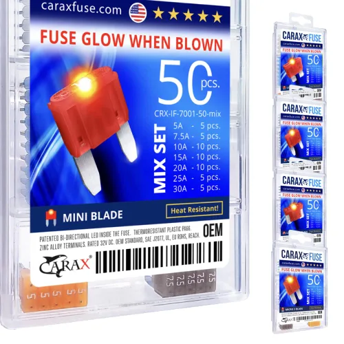 CARAX Premium Mini Blade 50 uds. Surtido Kit LED Fusible Automotriz Inteligente Auto Glow Fusible Fácil Identificación Mezcla 50 uds.