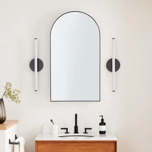 Miniatura 2 de Botiquín de baño empotrado en arco dorado cepillado con espejo de acero inoxidable con marco de metal rectangular con espejo de 16 x 28.3 pulgadas