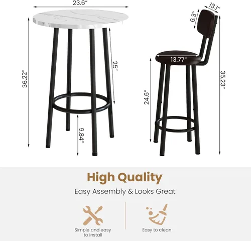 Miniatura 5 de Juego de mesa de comedor, mesa redonda de mármol sintético de 23.6 pulgadas con 2 sillas de respaldo tapizadas de poliuretano, juego de cocina