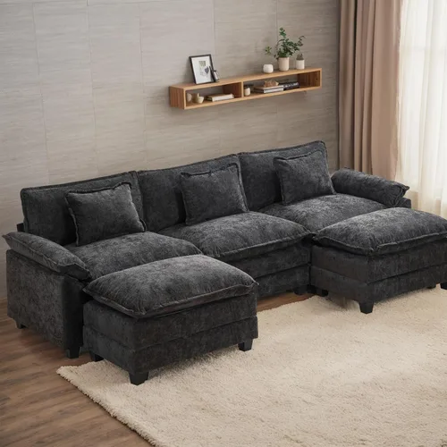 Sofá modular seccional, sofá de nube con otomana, asiento profundo de felpilla en forma de L para sala de estar y apartamento (negro, en forma de U,