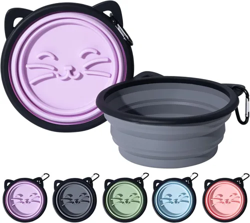 Miniatura 8 de Paquete de 2 cuencos plegables de silicona para perros, con forma de oreja de mascota y cuenco de agua de viaje con gráficos de gato, lleno