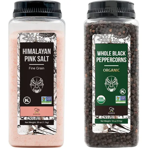 Soeos Sal rosa del Himalaya de grano fino de 39 onzas + granos de pimienta negra orgánica de 18 onzas, sin OMG, kosher, sal rosa lista para usar,