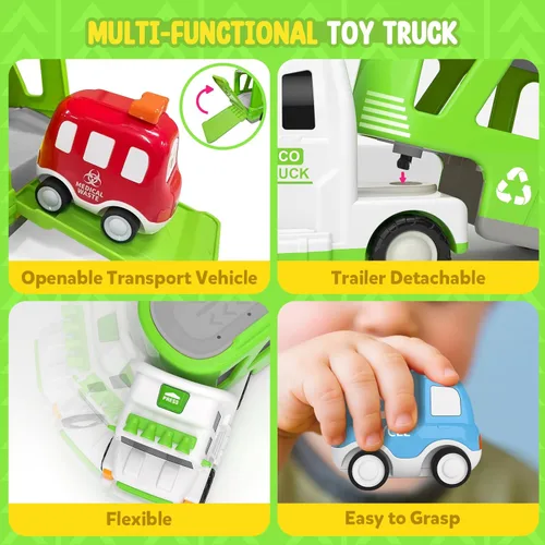 Miniatura 8 de Camión de juguete 7 en 1 para niños de 2, 3, 4, 5 años, camión transportador ecológico de 17 pulgadas más largo con 6 bonitos autos y tapete