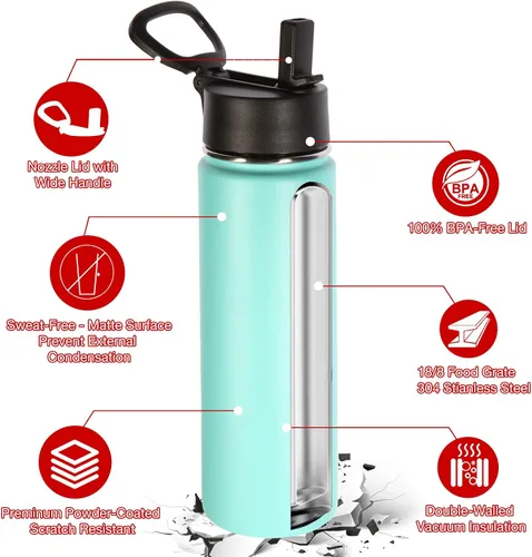 Miniatura 5 de Botellas de agua aisladas Volhoply con pajilla a granel, paquete de 8, de 22 onzas (650 ml), botella deportiva de acero inoxidable con asa y tapa