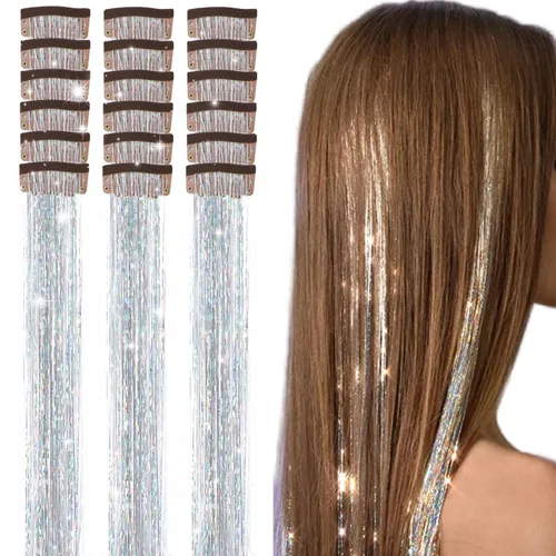 Miniatura 19 de Paquete de 12 extensiones de cabello de oropel con clip, 24 pulgadas, accesorios para el cabello de hada brillante para niñas y mujeres, fiesta