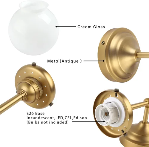 Miniatura 6 de Lámpara de pared industrial vintage, pantalla de globo de vidrio blanco lechoso con brazo largo, lámpara de pared de latón antiguo, lámpara de pared
