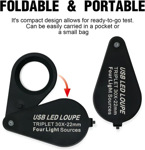 Miniatura 7 de Lupa iluminada de metal completo de 30X con cuatro modos de iluminación, plegable de bolsillo, lupa de ojo de 0.866 in, triplete, lente de mano