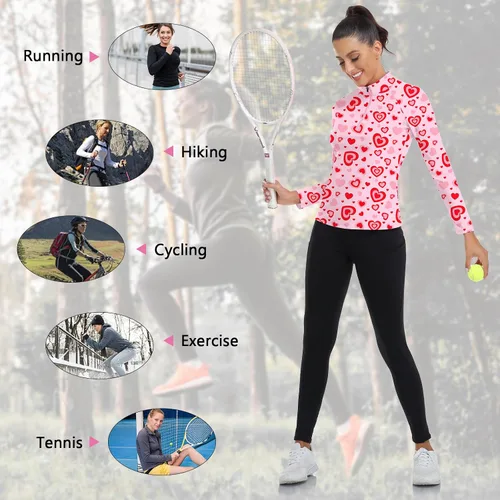 Miniatura 69 de WOWENY Camiseta deportiva de manga larga para mujer, con cremallera de un cuarto, cuello para entrenamiento, camiseta de tenis con estampado
