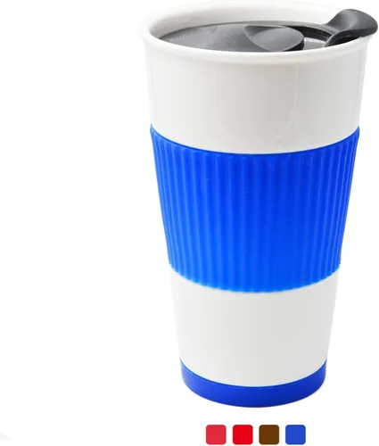 Taza de café de viaje de cerámica de doble pared aislada con tapa deslizante, funda de silicona y portavasos incorporado, 10 fl.oz (Azul)