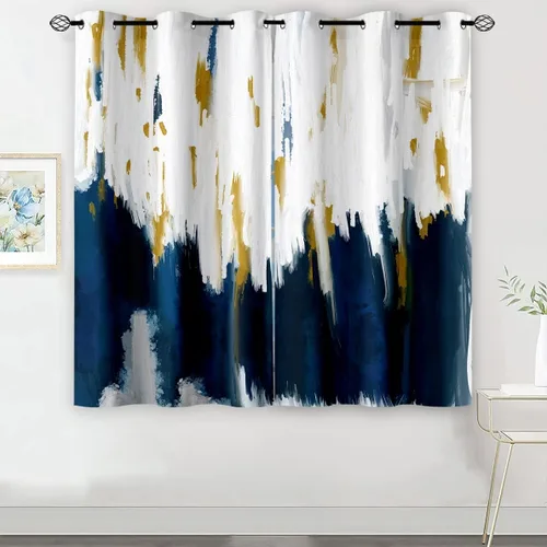 Miniatura 7 de Navy Blue White Brown Grey Abstract Grommet Blackout Curtains for Small Window, Oil Painting Style Ombre Window Drapes for Living Room Bedroom