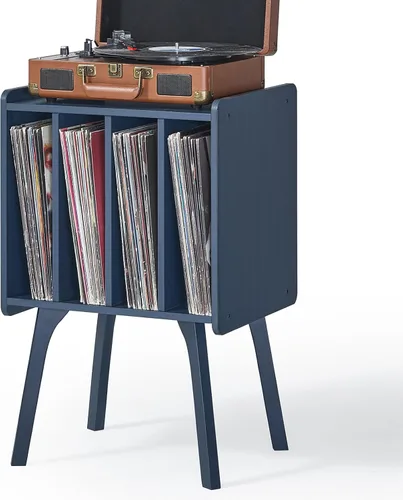 Miniatura 15 de LELELINKY Soporte para tocadiscos, mesa de almacenamiento de discos de vinilo de nogal con 4 gabinetes de hasta 100 álbumes, soporte para tocadiscos