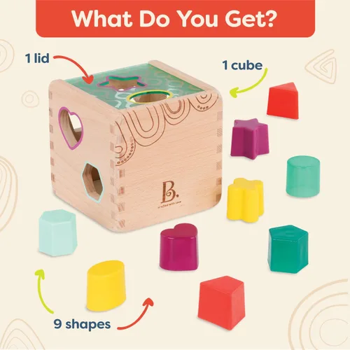 Miniatura 6 de B. toys Wonder Cube - Juguete de desarrollo - Cubo clasificador de formas de madera - 9 formas coloridas - Juguete educativo de madera para niños