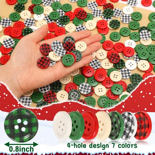 Miniatura 2 de JUNEBRUSHS 260 unidades Botones de madera de cuadro Buffalo de Navidad, 4 agujeros, redondos, para costura, botones de madera para calcetines Rojo