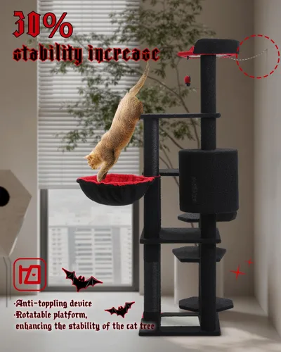 Miniatura 3 de MUTTROS Árbol gótico para gatos de 59 pulgadas con cama de ataúd, torre negra para gatos de interior con amplio condominio para gatos y hamaca