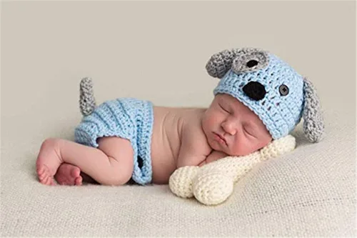 Miniatura 5 de Traje de bebé recién nacido, accesorios para fotos, trajes de ganchillo de punto azul con gorro de perro, pantalones cortos con hueso para niños