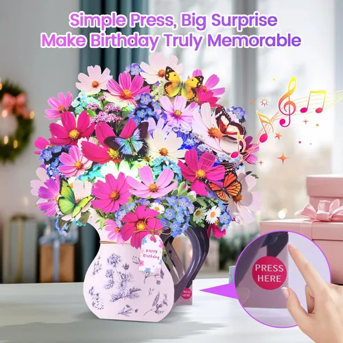 Miniatura 2 de Tarjetas de cumpleaños CUISH, tarjeta de feliz cumpleaños con luz y música, Cosmos Margarita No me Olvides, tarjeta de regalo de ramo de flores 3D