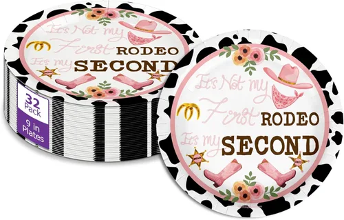 2º cumpleaños de Rodeo – 32 piezas desechables para fiestas – Decoraciones para niña Cowgirl Second Birthday – Platos de papel grandes de 9 pulgadas