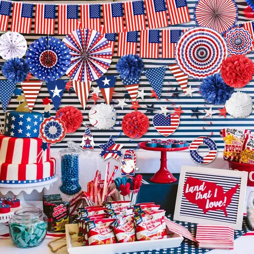 Miniatura 6 de 34 piezas de decoraciones del 4 de julio, suministros para fiesta del 4 de julio, pancarta de estrellas de la bandera de Estados Unidos, accesorios