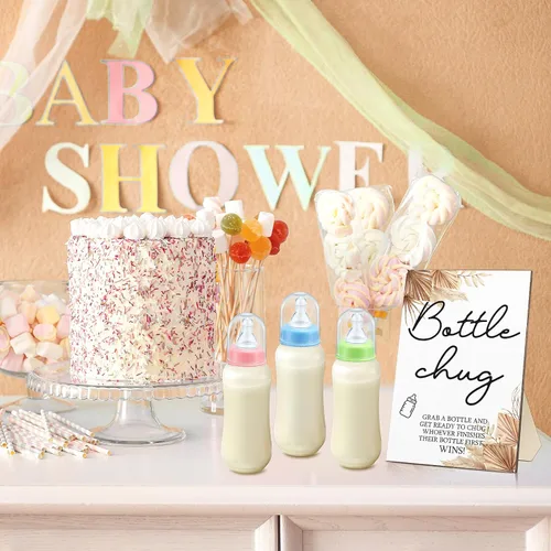 Miniatura 7 de Roowest Bottle Chug Baby Shower Game Favors 12 piezas de botellas de baby shower con 1 letrero de madera para revelación de género, suministros