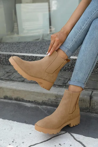 Miniatura 2 de Coutgo Botas Chelsea con plataforma gruesa y de tacón bajo para mujer, botas de tobillo elásticas de gamuza