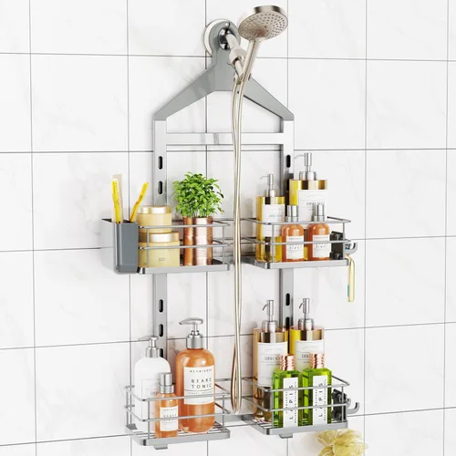 Miniatura 10 de ODesign Organizador de ducha de 2 niveles de altura ajustable, organizador de almacenamiento de estantes de baño, cesta de color negro