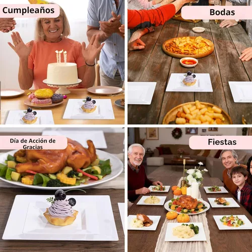 Miniatura 6 de N9R 60 platos de plástico cuadrados blancos, 30 platos de cena y 30 platos de postre resistentes, platos desechables elegantes para fiestas, bodas