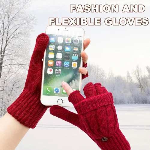 Miniatura 50 de Beurlike Guantes de invierno para mujer, de lana cálida, a prueba de viento, convertibles, sin dedos