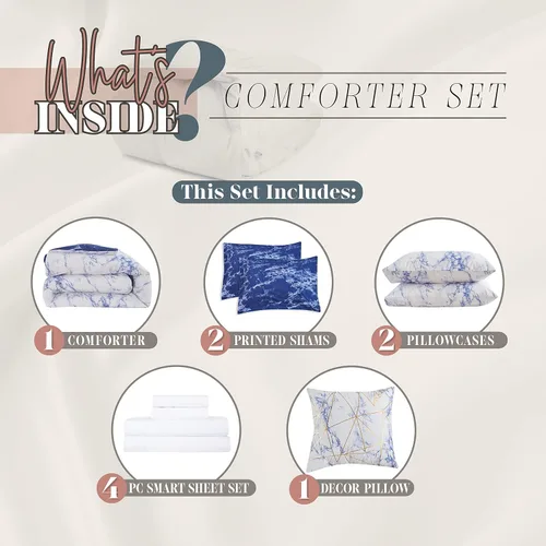 Miniatura 3 de Elegant Comfort Juego de edredón reversible de 10 piezas, estampado de mármol, almohada decorativa y sábana bajera con bolsillos inteligentes, Azul