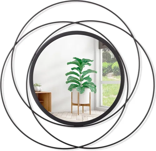 Miniatura 21 de Espejo de pared Sunburst negro con pequeños radios, espejo bohemio para el hogar, redondo, moderno, arte de pared de metal para sala de estar