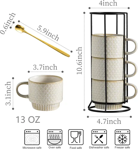 Miniatura 2 de LYEOBOH Juego de 4 tazas de café apilables, tazas de café, tazas con cucharas, juego de tazas de café de 13 onzas con soporte, taza de café de Beige