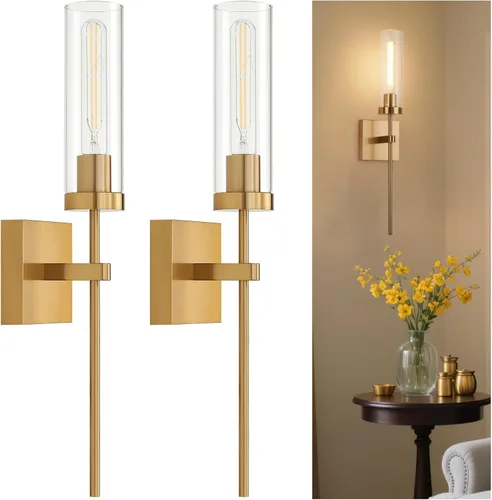 Miniatura 16 de Juego de 2 apliques de pared cableados negros y dorados, modernos apliques de tocador de baño con pantalla de vidrio transparente, luces de montaje