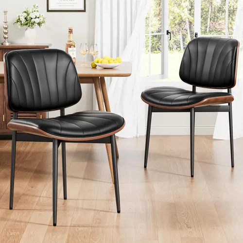 REONEY - Juego de 2 sillas de comedor, sillas tapizadas de PU de estilo moderno de mediados de siglo con respaldo de madera curvada de nogal y patas