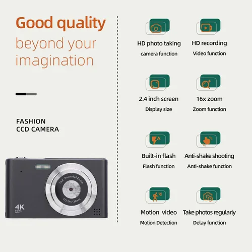 Miniatura 2 de Cámara digital 4K, enfoque automático 16x zoom 48MP cámara de vlogging con pantalla de 2.4 pulgadas, cámara compacta antivibración con flash