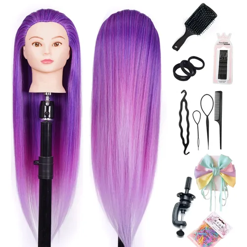 Miniatura 6 de Cabezal de entrenamiento de 26 a 28 pulgadas, cabeza de maniquí para peinado, cosmetología, cabeza de muñeca, fibra sintética, modelo de Púrpura