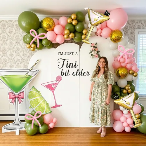 Miniatura 5 de Juego de guirnalda de globos de martini de limonada A Tini Bit para decoración de fiesta mayor, 130 globos rosa, verde y blanco, globo de vidrio