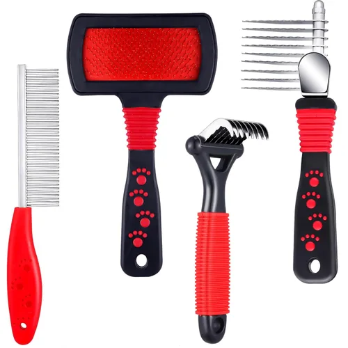 Kit de aseo para mascotas de 4 piezas - peines para desenredar, cepillo de alambre y peine de acero para quitar nudos y pelo de perros, gatos y